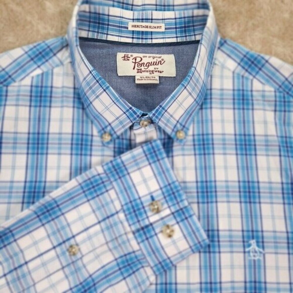 Penguin By Munsingwear Button-Down Shirt Blue White Plaid Long Sleeve Mens Sz XL